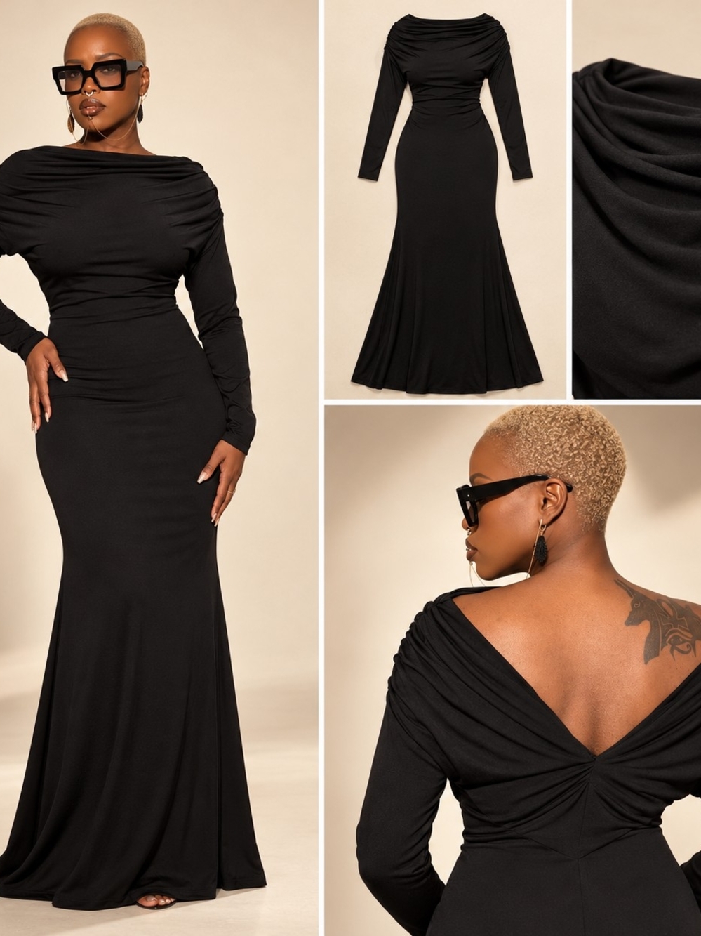 Elegant Black Ruched Long-Sleeve Maxi Dress
